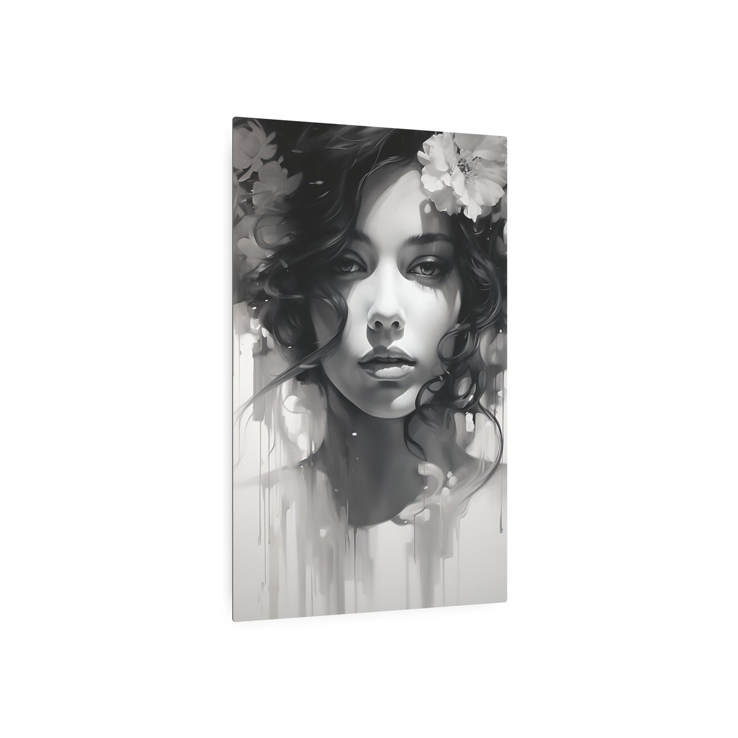 Metal Wall Art Sign — Monochrome Portrait of Woman with Floral Accents - The Art Hub
