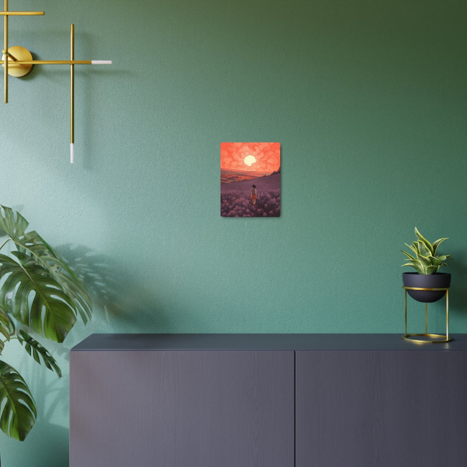 Sunset Meadow Metal Art — Girl Walking Through Lavender Field Wall Decor - The Art Hub