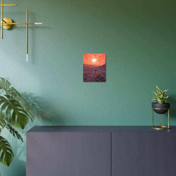 Sunset Meadow Metal Art — Girl Walking Through Lavender Field Wall Decor - The Art Hub