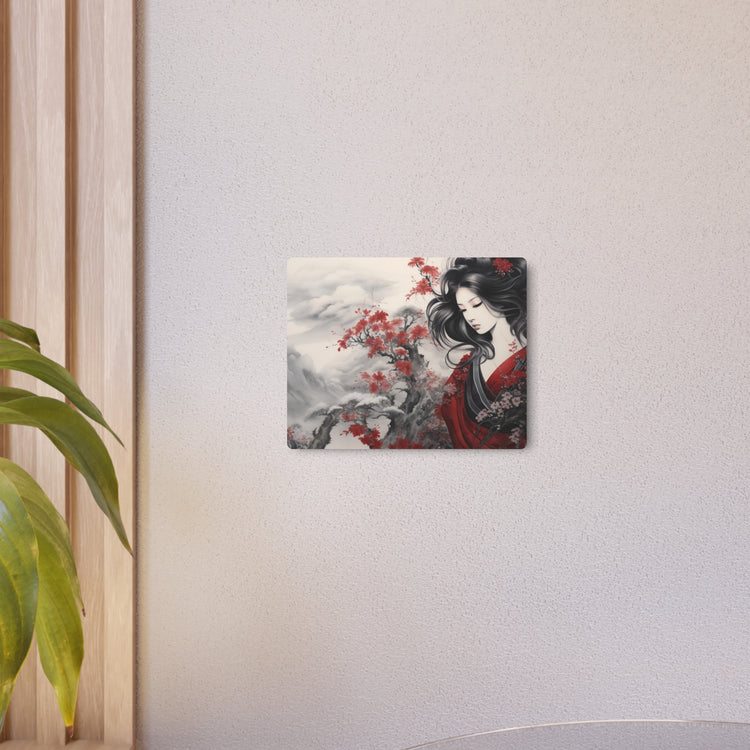 Metal Art Elegant Geisha Landscape with Red Maple Blossoms - The Art Hub