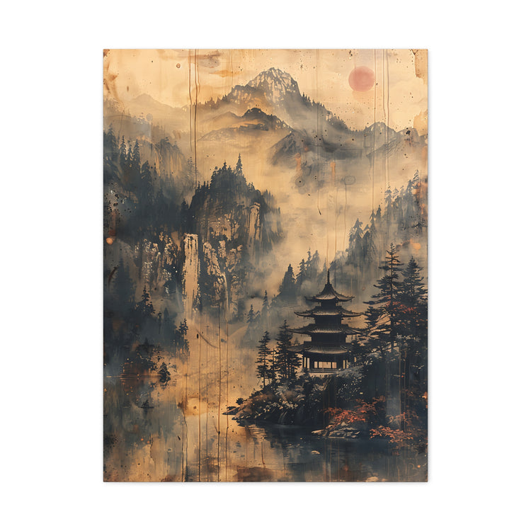 Zen Mountain Mist Canvas Art — Japanese Pagoda Landscape on Stretched Matte Canvas - The Art Hub