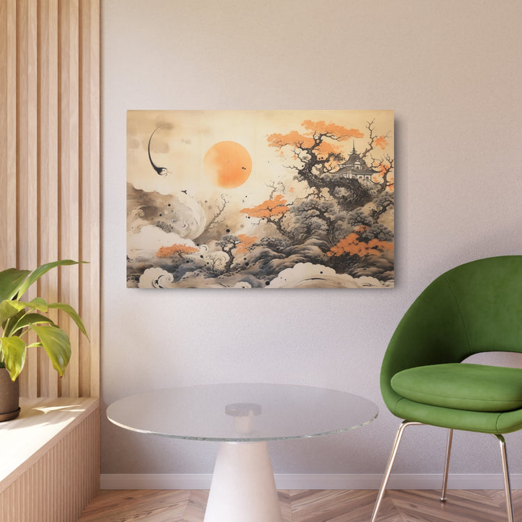 Japanese Landscape Metal Art Orange Sun & Bonsai Trees Wall Decor - The Art Hub