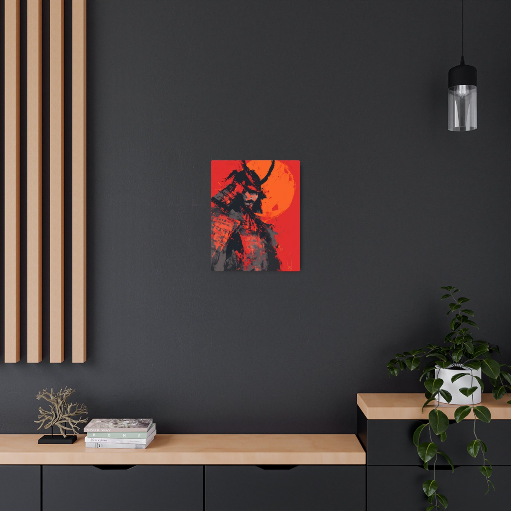 Samurai Moon Metal Art Sign — Red Warrior Wall Decor