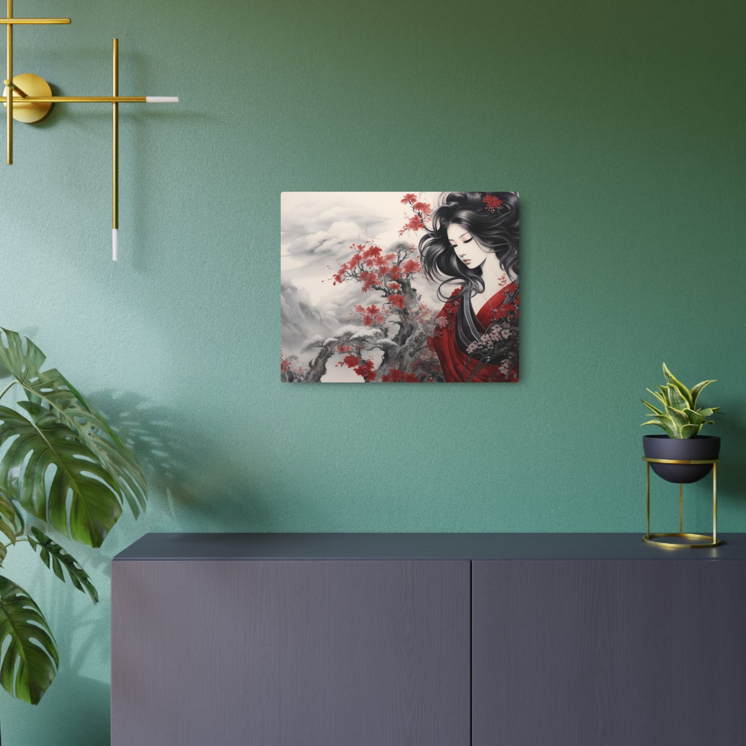 Metal Art Elegant Geisha Landscape with Red Maple Blossoms - The Art Hub