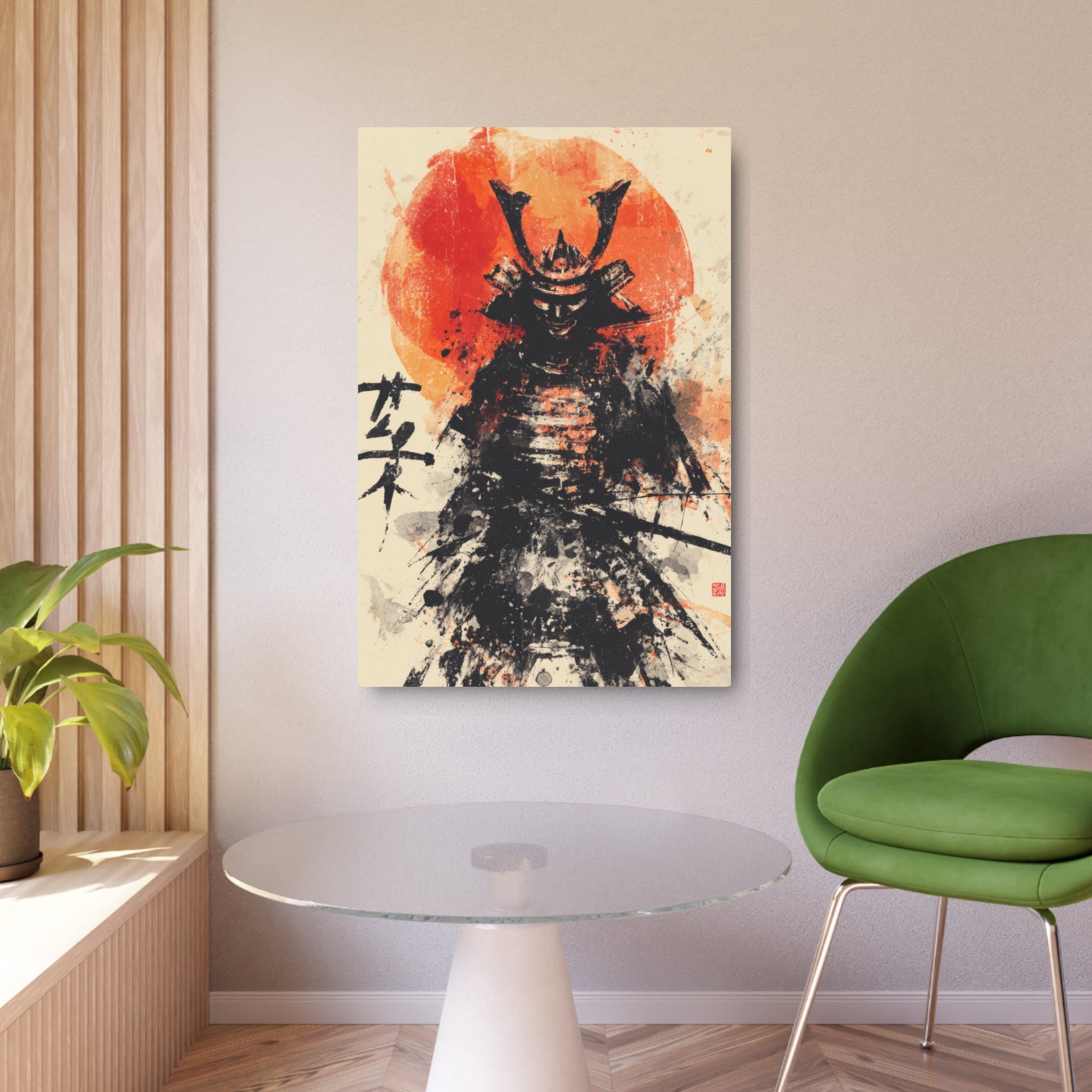 Samurai Metal Art Sign — Ink Wash Warrior with Rising Sun