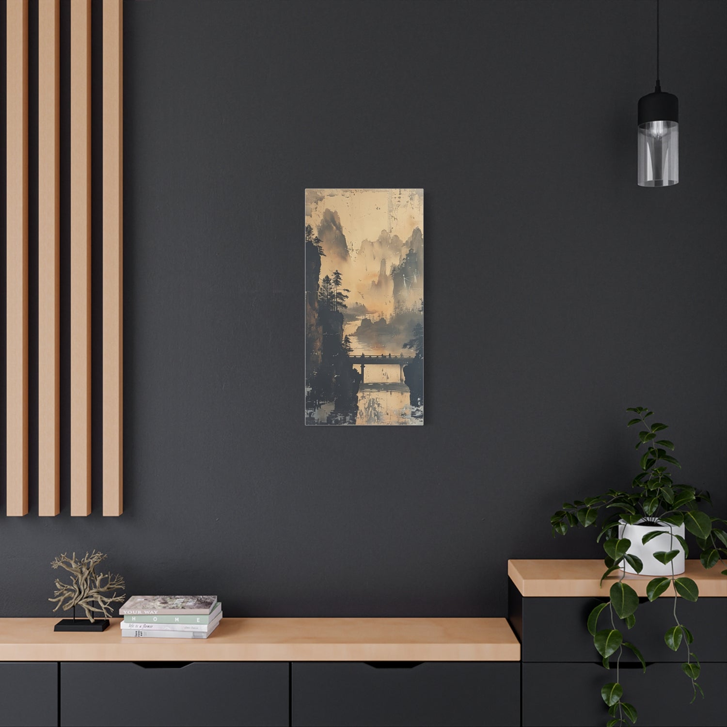 Serene Mountain Bridge Canvas Wall Art — East Asian Landscape Matte Stretched Print - The Art Hub