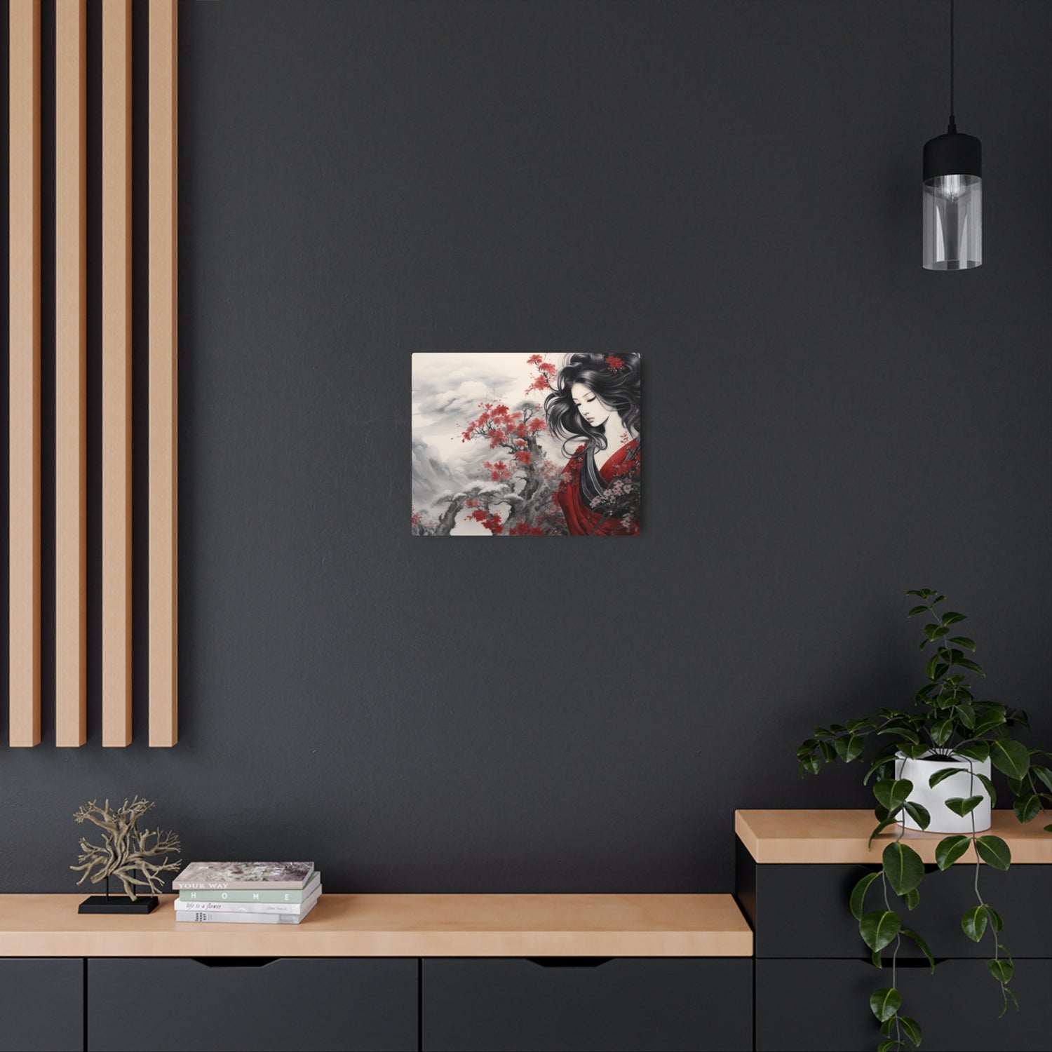 Metal Art Elegant Geisha Landscape with Red Maple Blossoms - The Art Hub