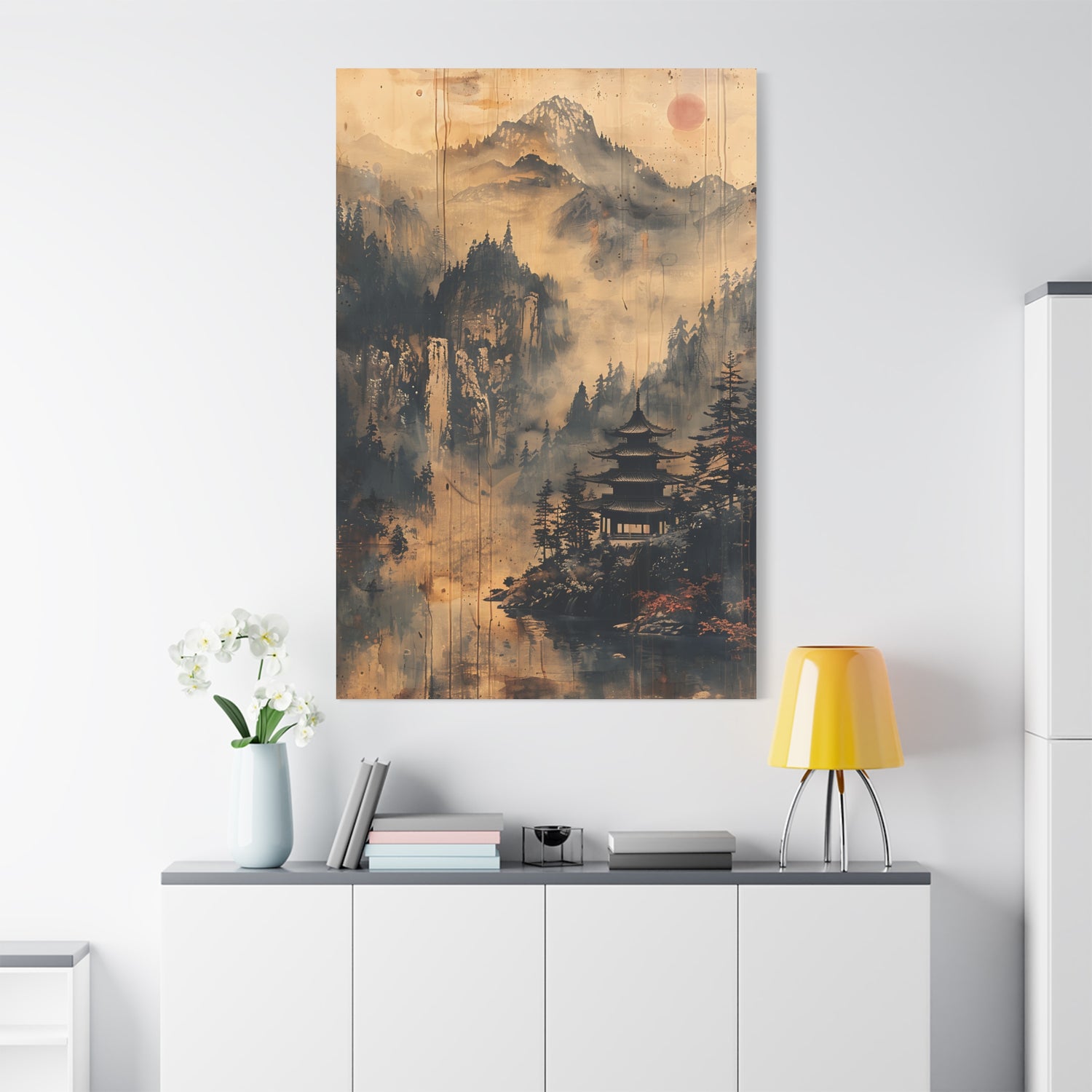 Zen Mountain Mist Canvas Art — Japanese Pagoda Landscape on Stretched Matte Canvas - The Art Hub