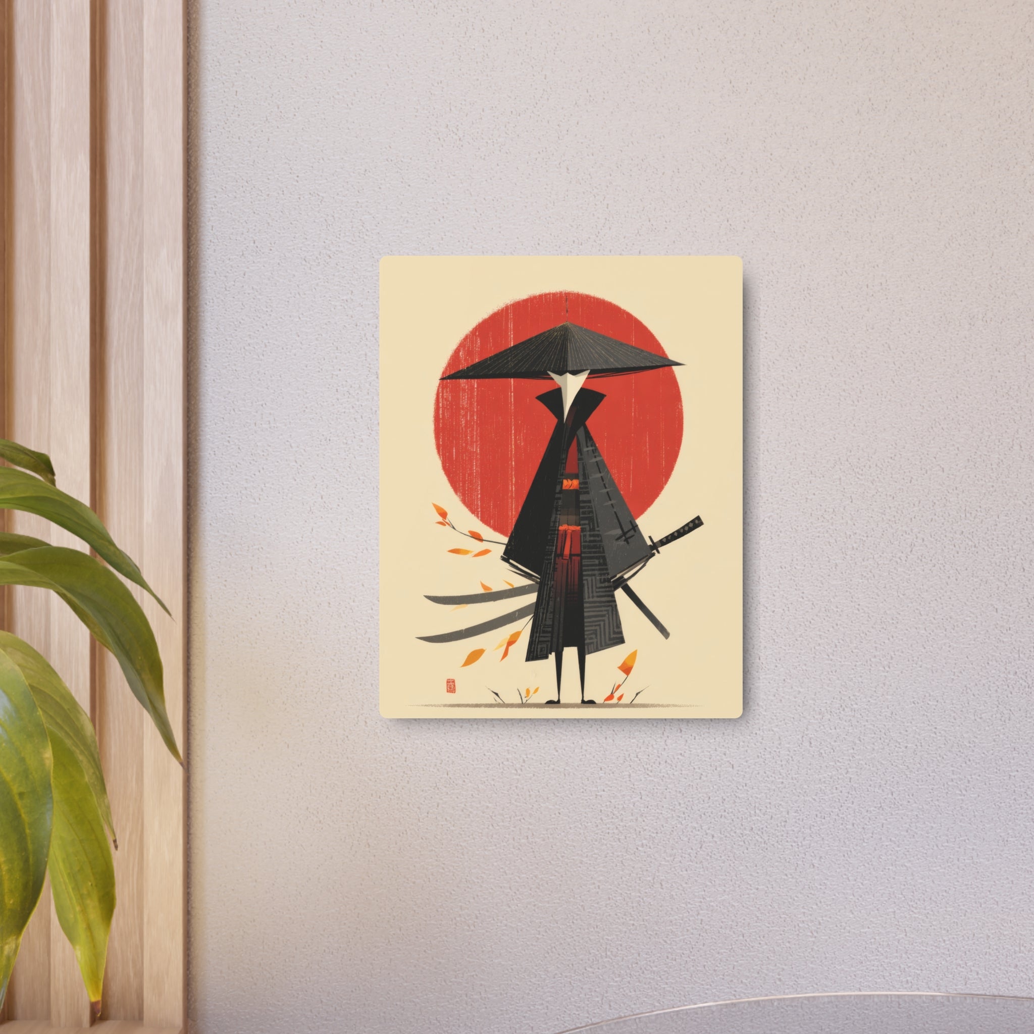 Samurai Metal Art Sign — Minimal Japanese Warrior Wall Decor with Red Sun