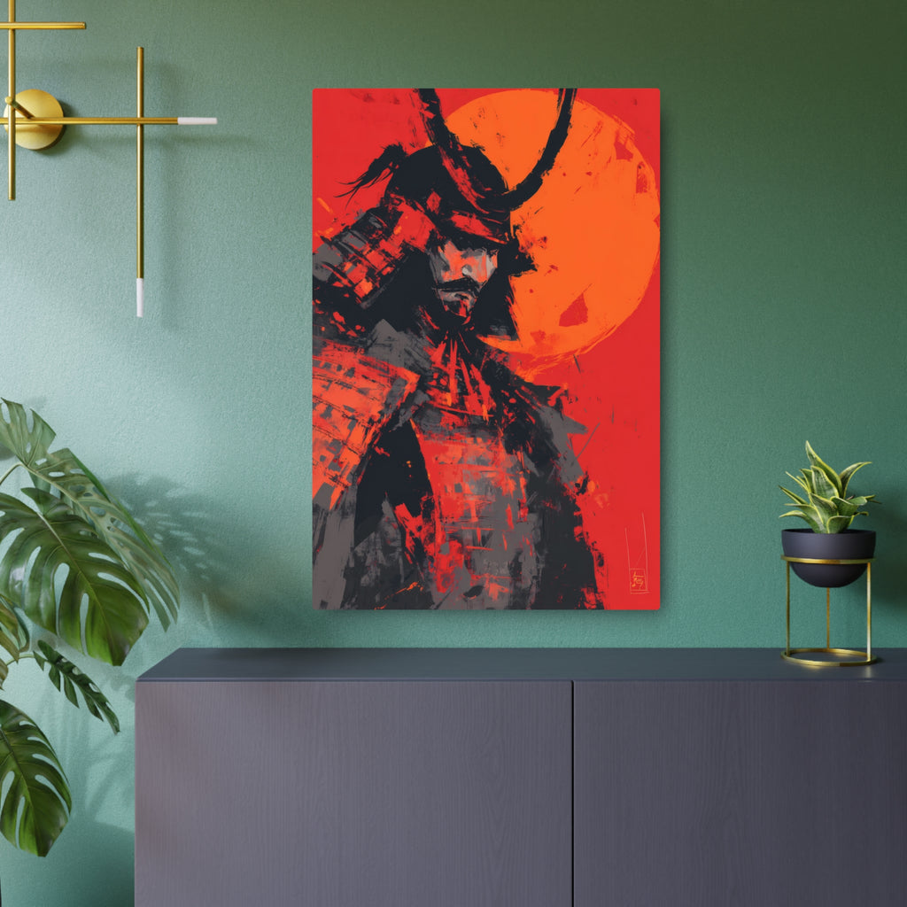 Samurai Moon Metal Art Sign — Red Warrior Wall Decor