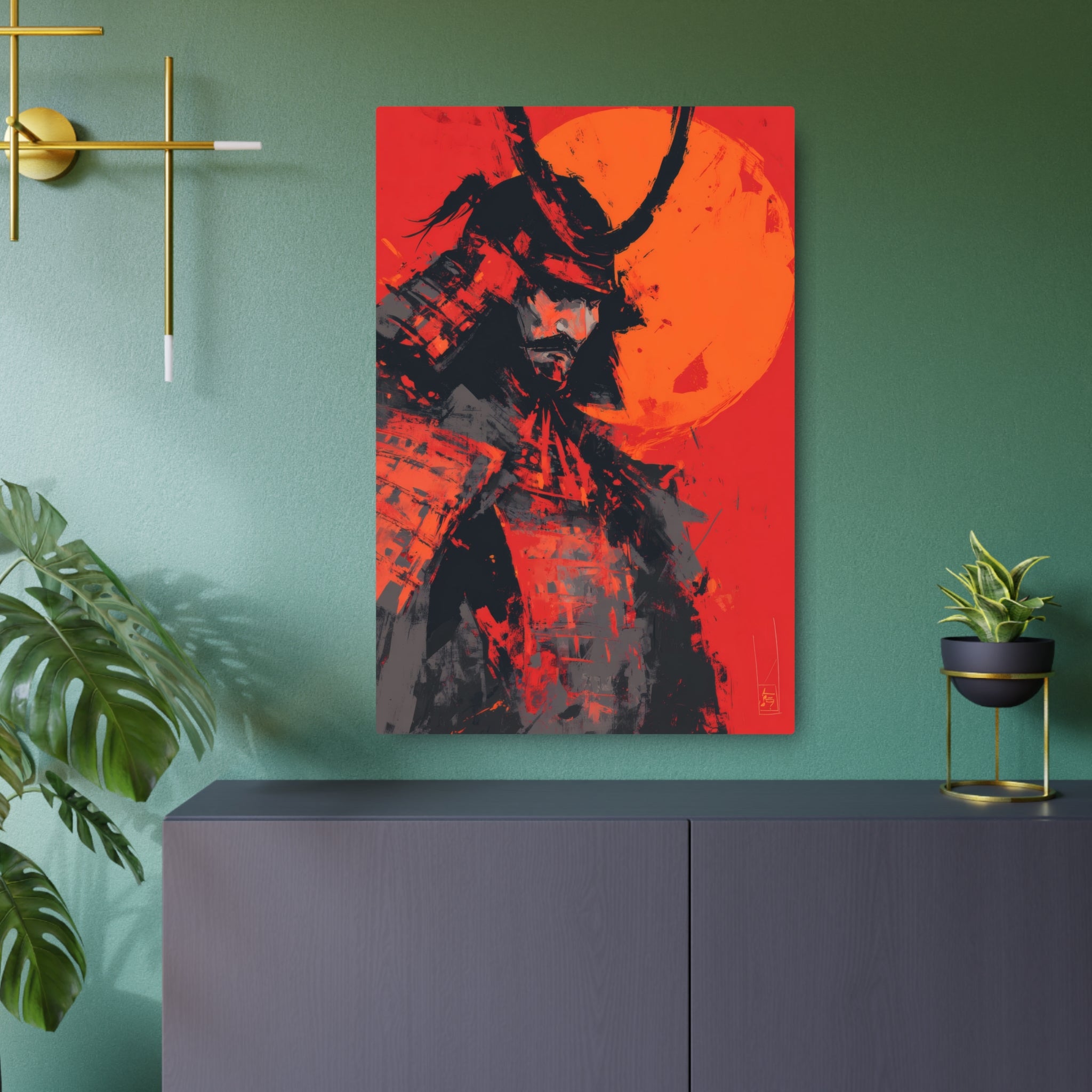Samurai Moon Metal Art Sign — Red Warrior Wall Decor