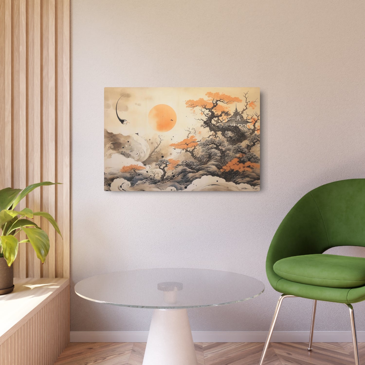 Japanese Landscape Metal Art Orange Sun & Bonsai Trees Wall Decor - The Art Hub