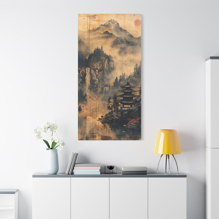 Zen Mountain Mist Canvas Art — Japanese Pagoda Landscape on Stretched Matte Canvas - The Art Hub