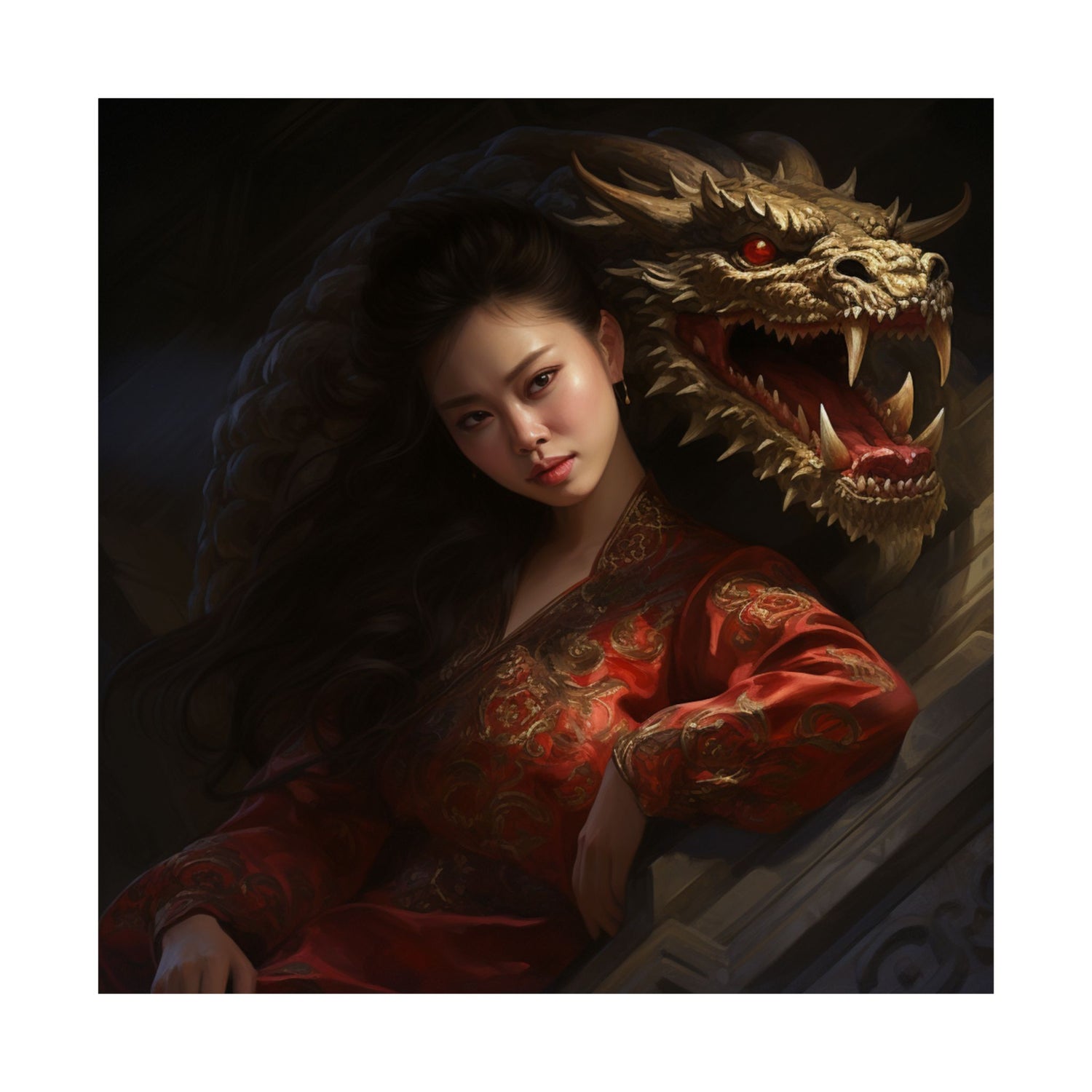 Matte Vertical Poster — Asian Warrior Woman with Dragon Art Print - The Art Hub