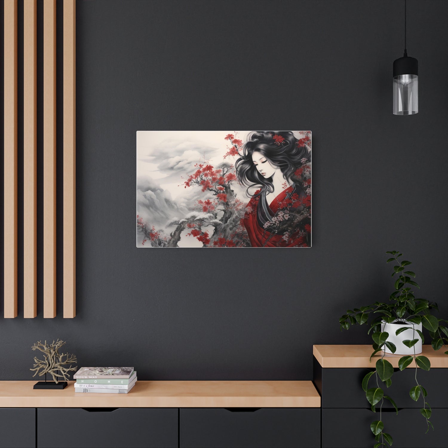 Metal Art Elegant Geisha Landscape with Red Maple Blossoms - The Art Hub