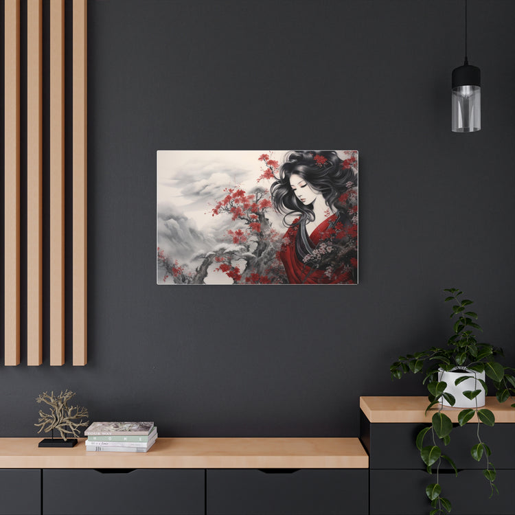 Metal Art Elegant Geisha Landscape with Red Maple Blossoms - The Art Hub