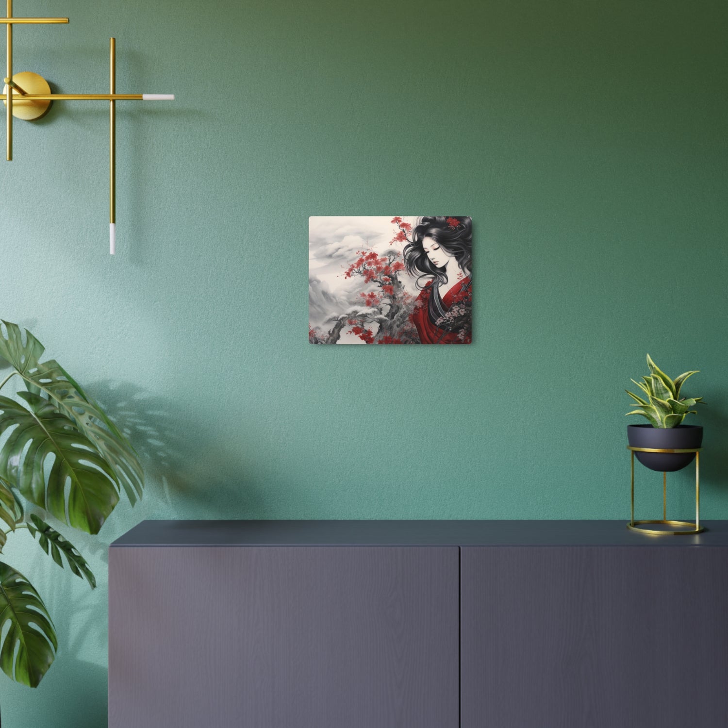 Metal Art Elegant Geisha Landscape with Red Maple Blossoms - The Art Hub