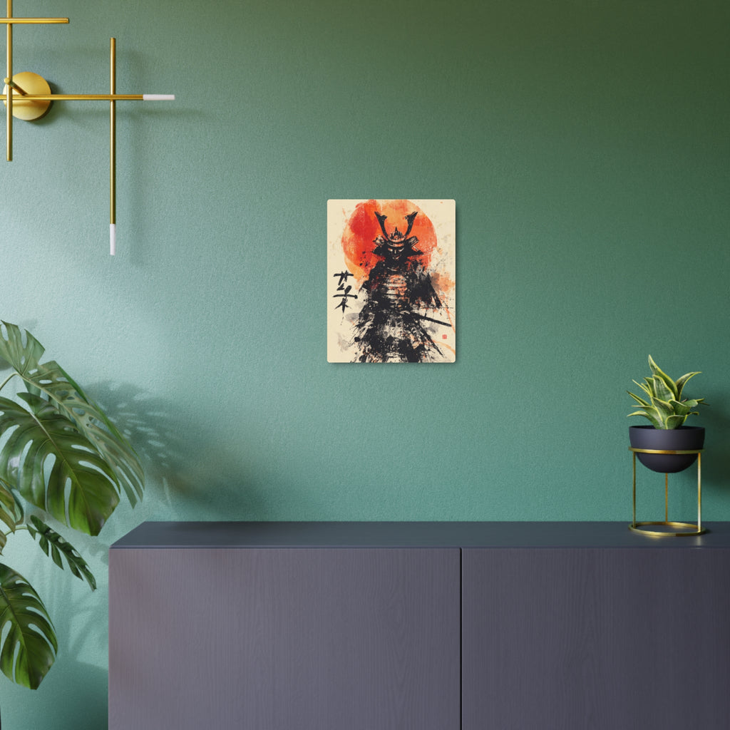 Samurai Metal Art Sign — Ink Wash Warrior with Rising Sun