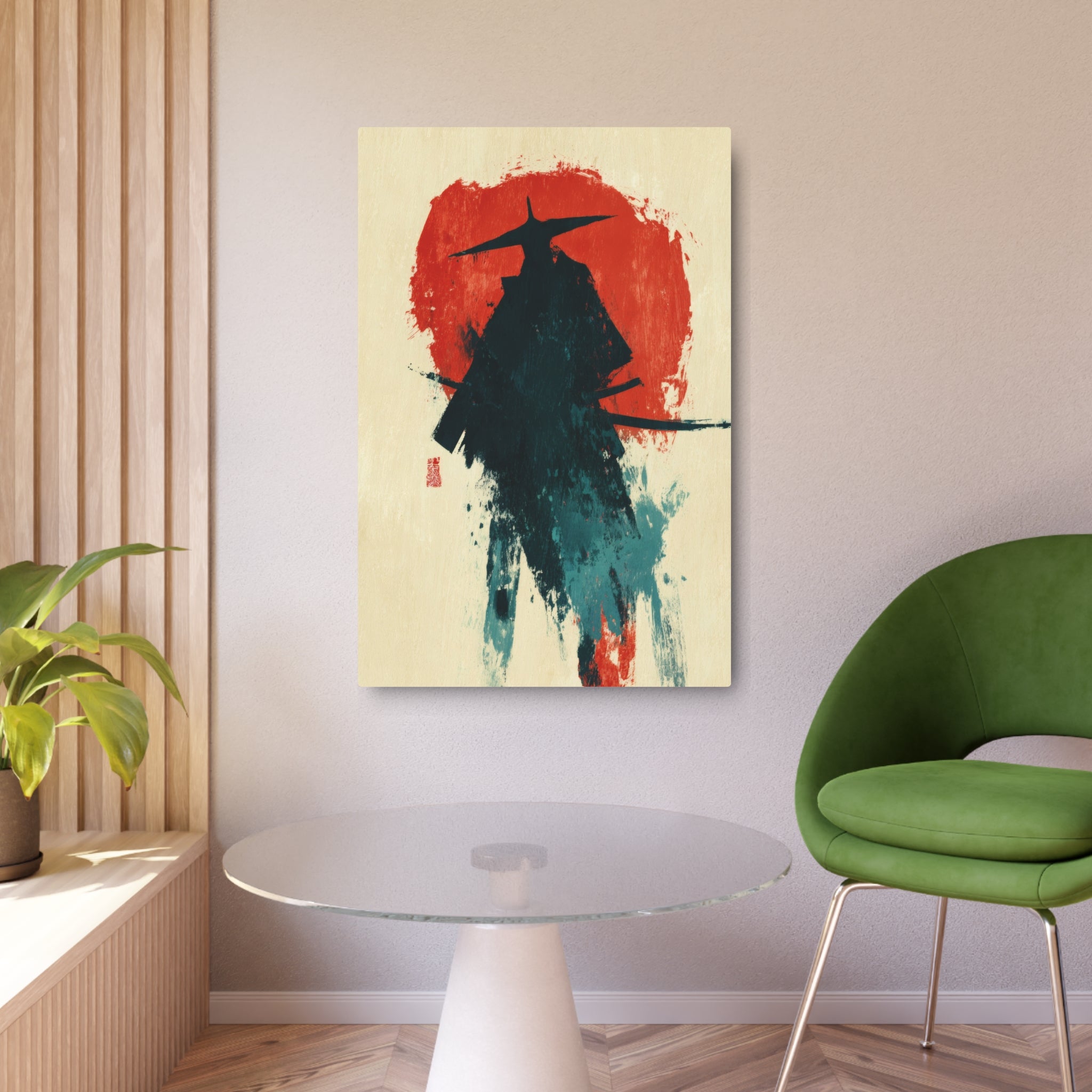 Samurai Silhouette Metal Art Sign — Japanese Ink Wash Wall Decor