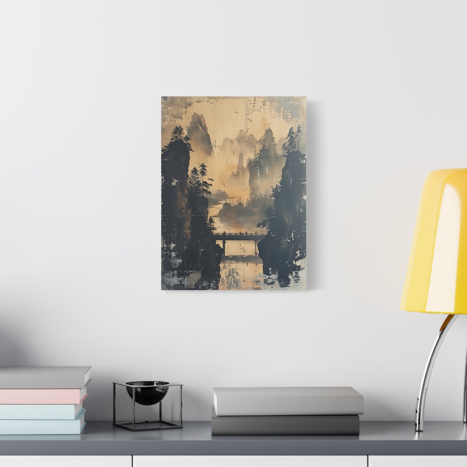 Serene Mountain Bridge Canvas Wall Art — East Asian Landscape Matte Stretched Print - The Art Hub