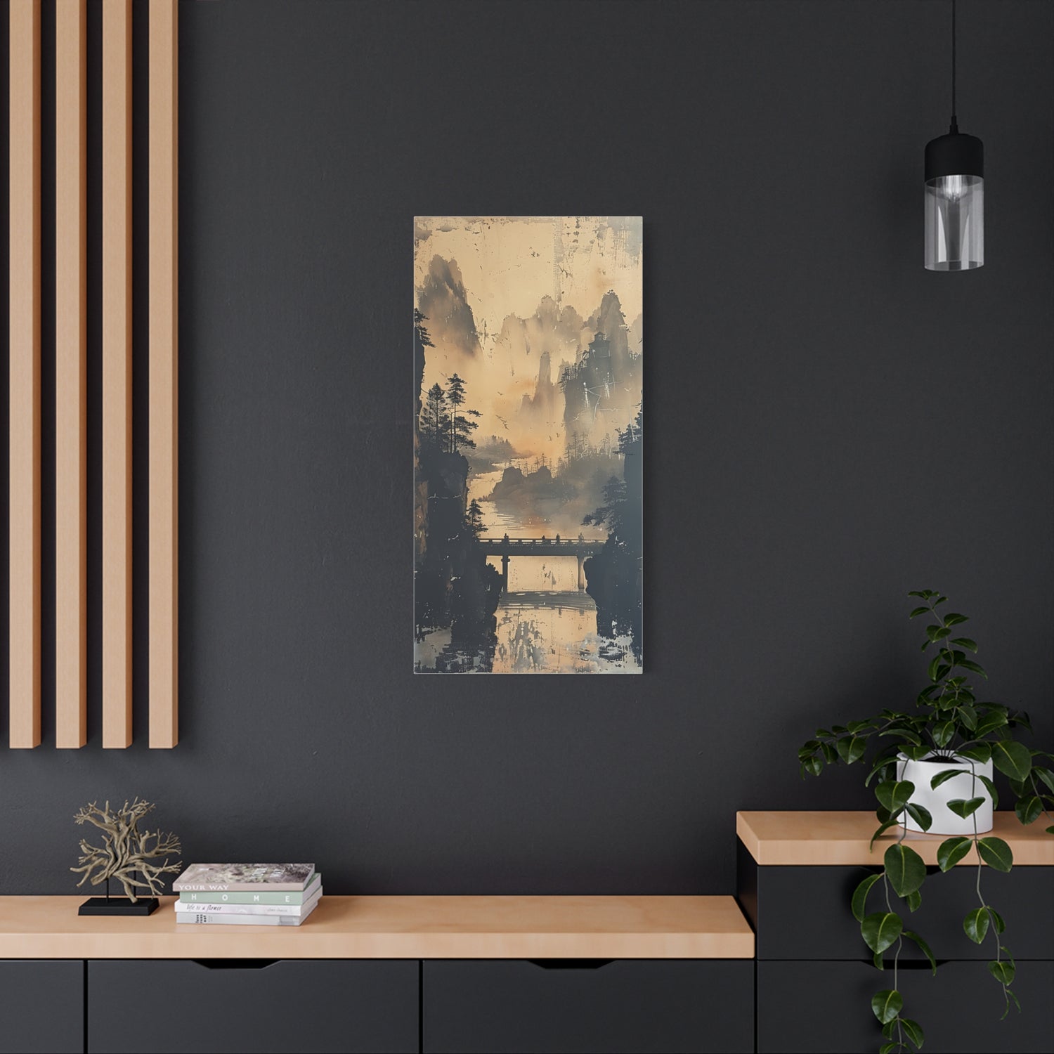 Serene Mountain Bridge Canvas Wall Art — East Asian Landscape Matte Stretched Print - The Art Hub
