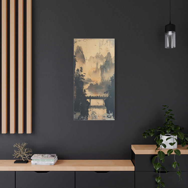 Serene Mountain Bridge Canvas Wall Art — East Asian Landscape Matte Stretched Print - The Art Hub