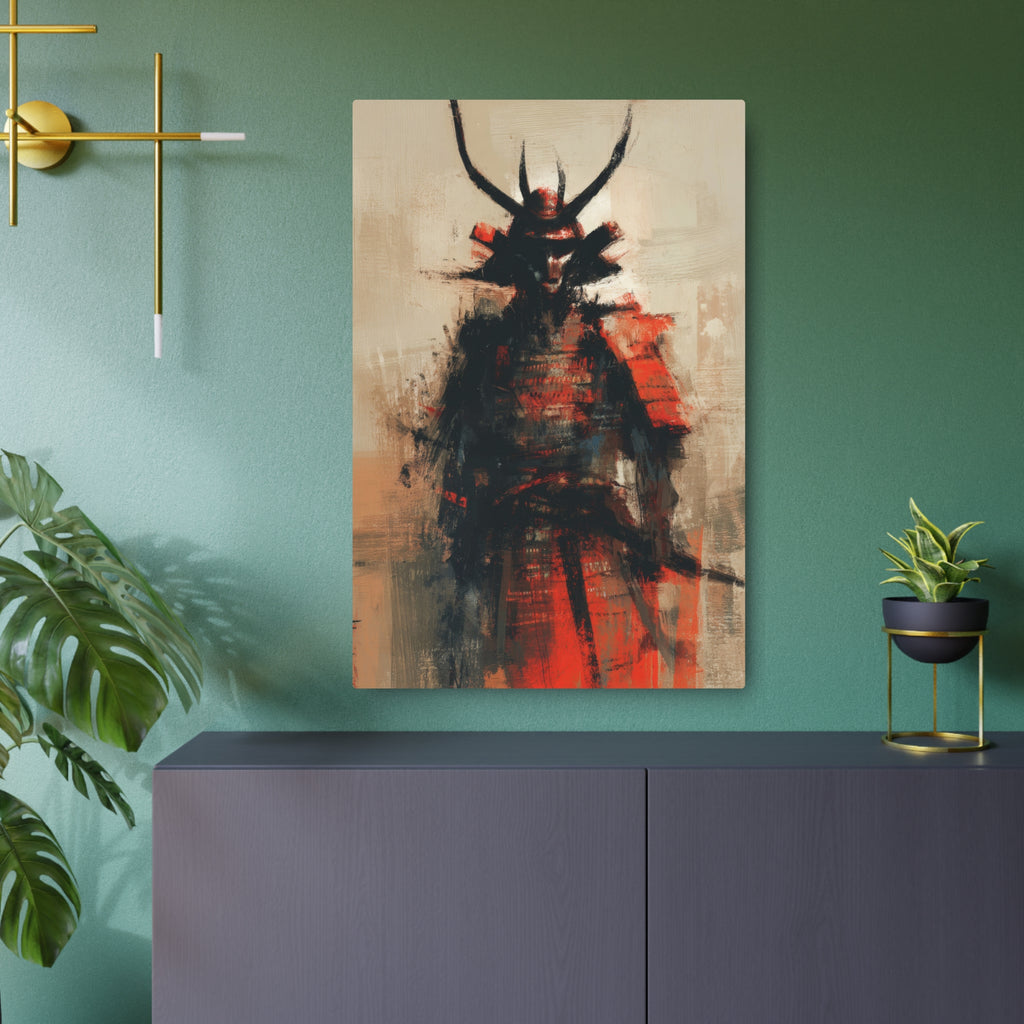 Samurai Metal Art Sign — Abstract Red Warrior Wall Decor