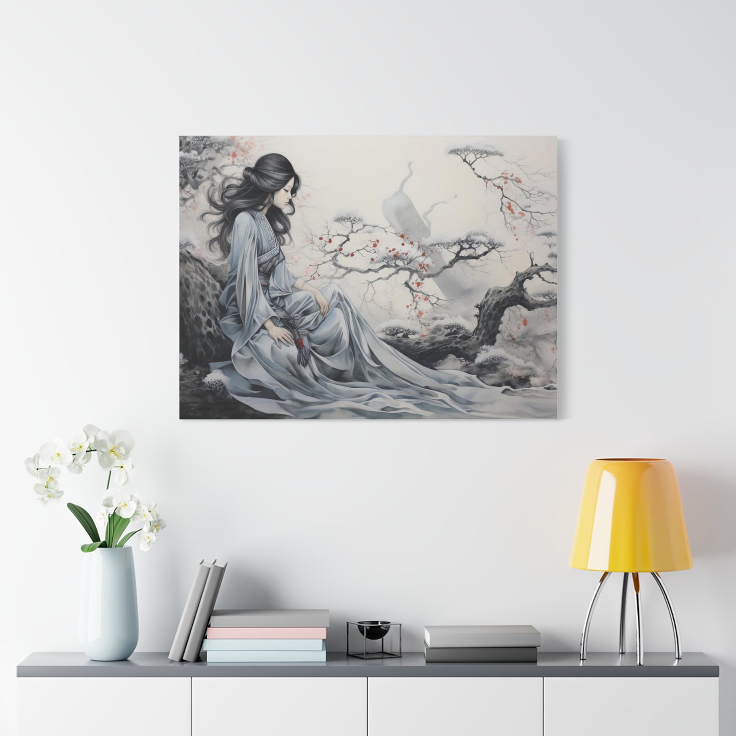 Canvas Wall Art Serene Geisha in Misty Cherry Blossom - The Art Hub
