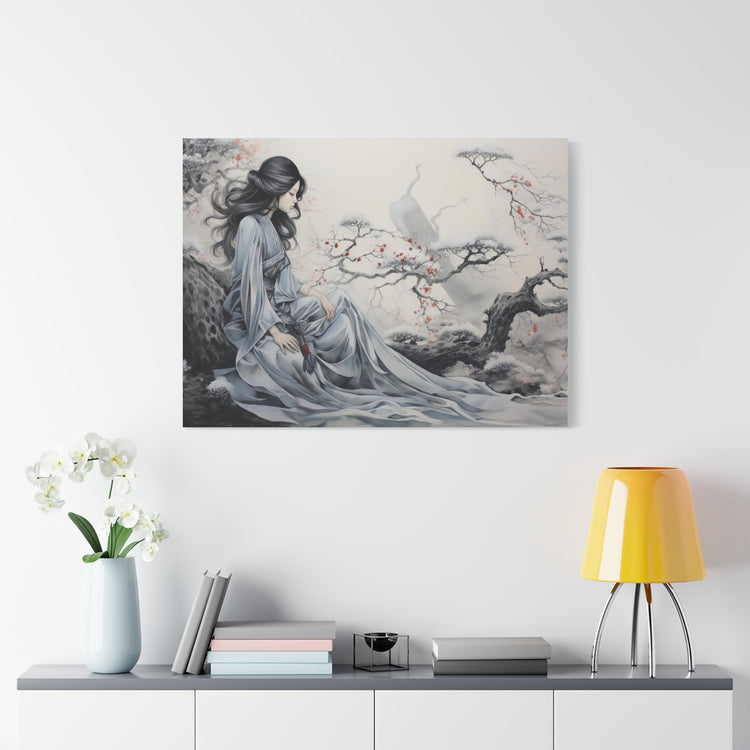 Canvas Wall Art Serene Geisha in Misty Cherry Blossom - The Art Hub