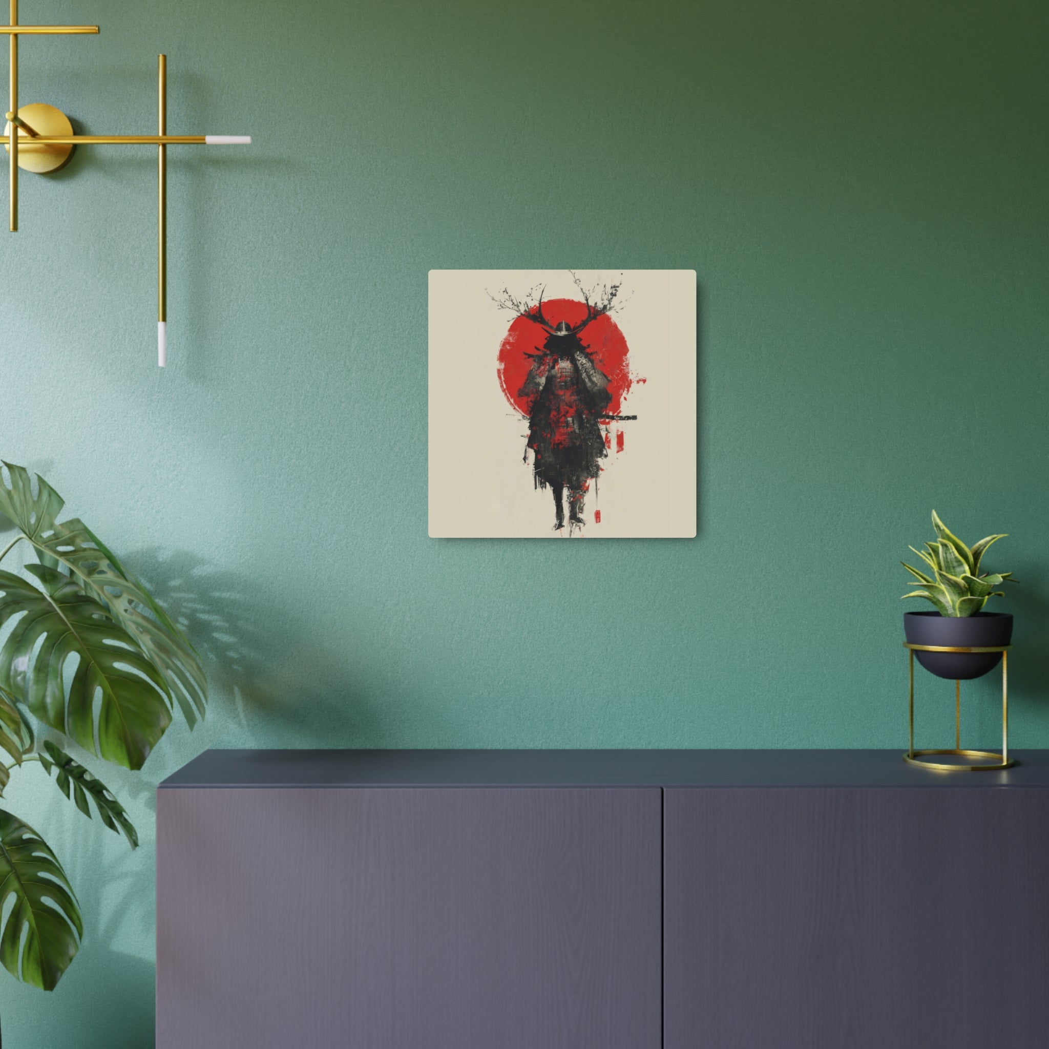 Samurai Metal Art Sign — Red Sun Warrior Wall Decor