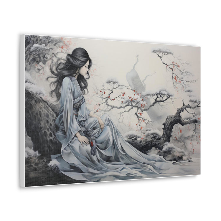 Canvas Wall Art Serene Geisha in Misty Cherry Blossom - The Art Hub