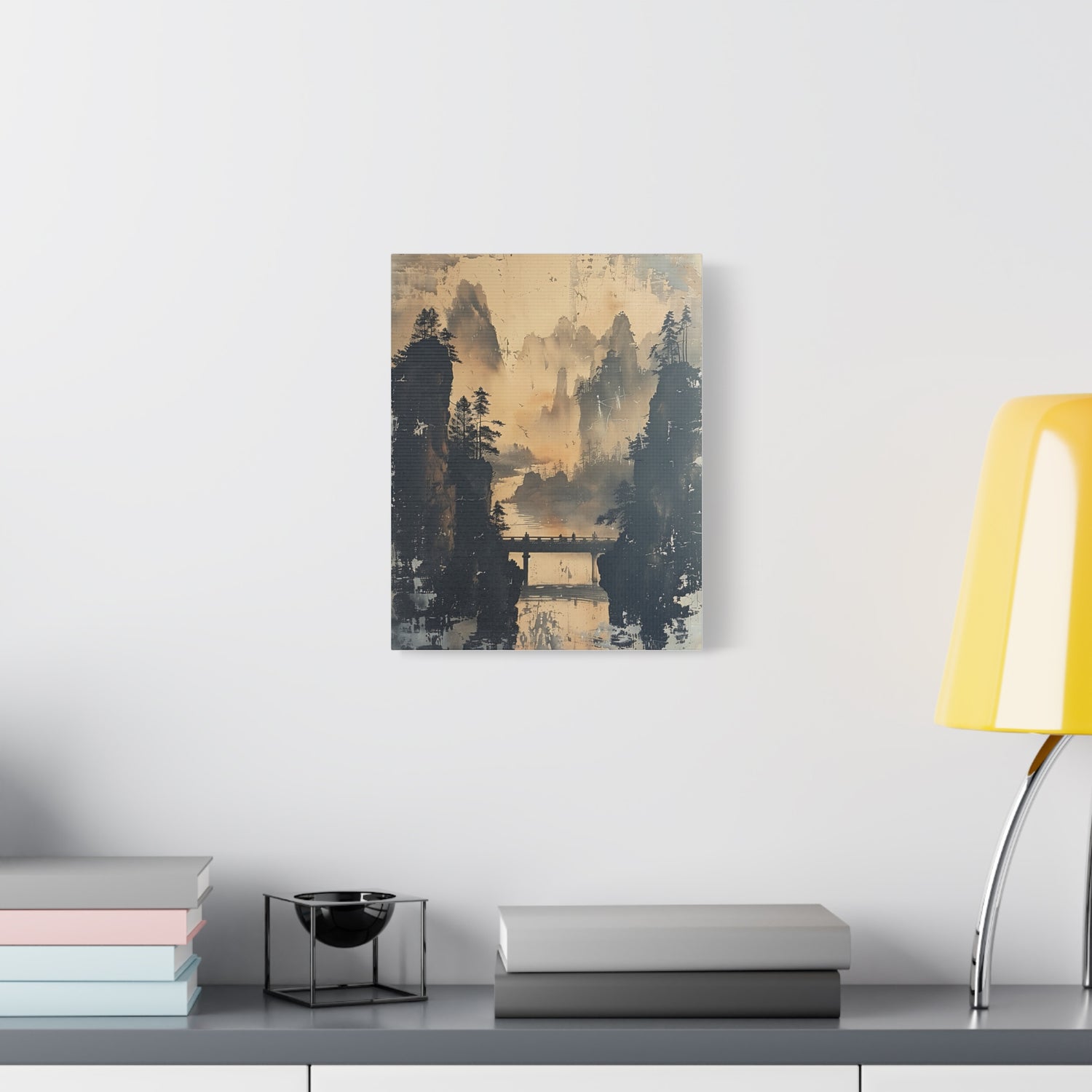 Serene Mountain Bridge Canvas Wall Art — East Asian Landscape Matte Stretched Print - The Art Hub