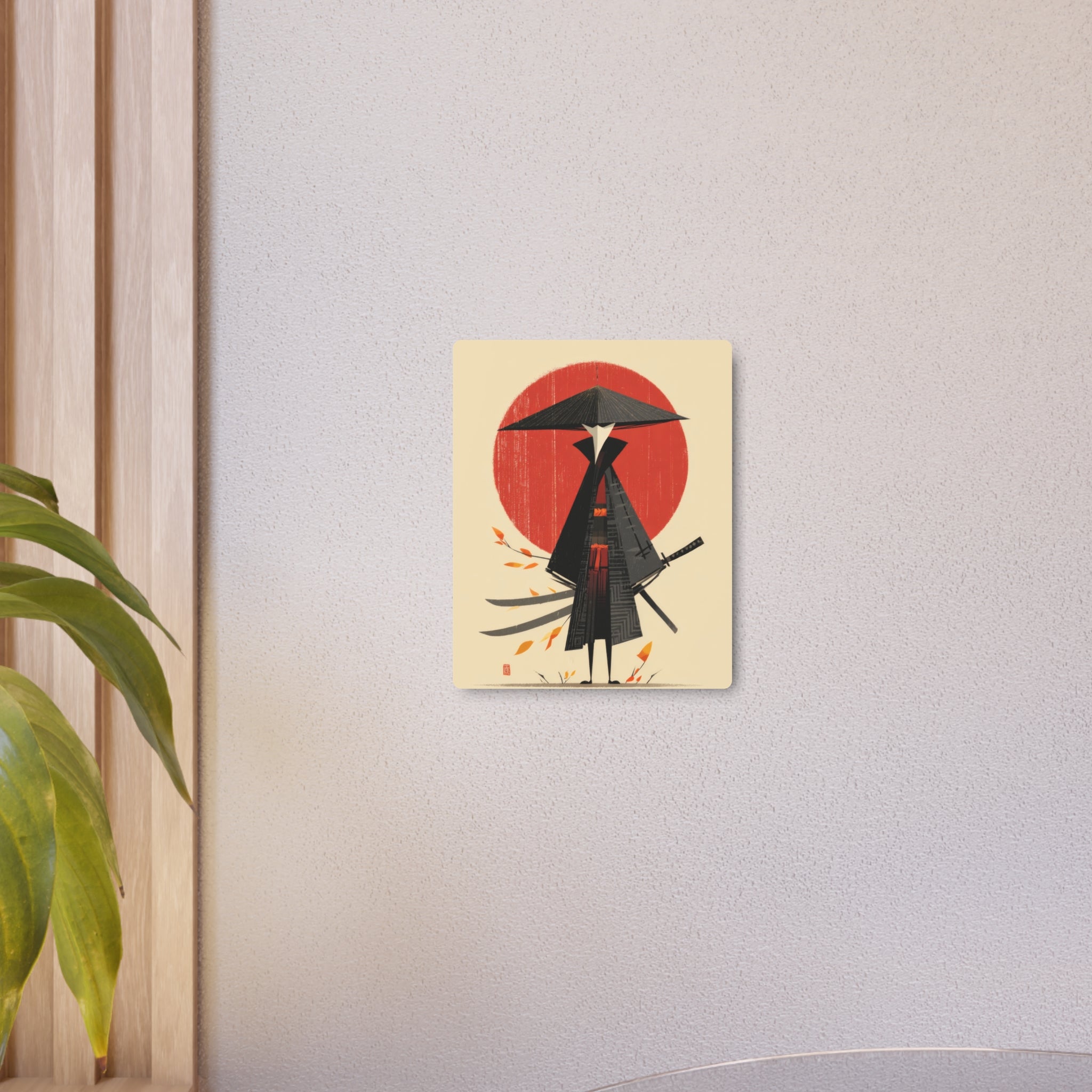 Samurai Metal Art Sign — Minimal Japanese Warrior Wall Decor with Red Sun