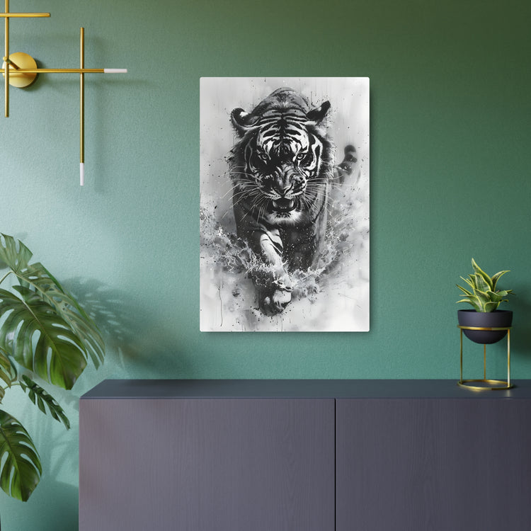 Tiger Metal Art — Dramatic Black & White Running Tiger Wall Decor - The Art Hub