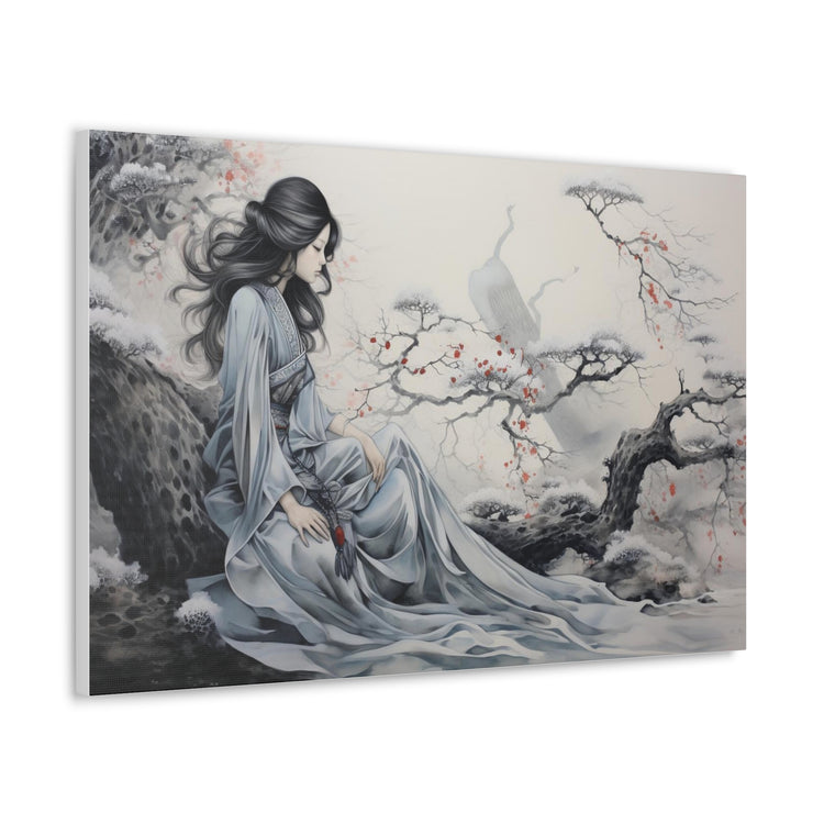 Canvas Wall Art Serene Geisha in Misty Cherry Blossom - The Art Hub