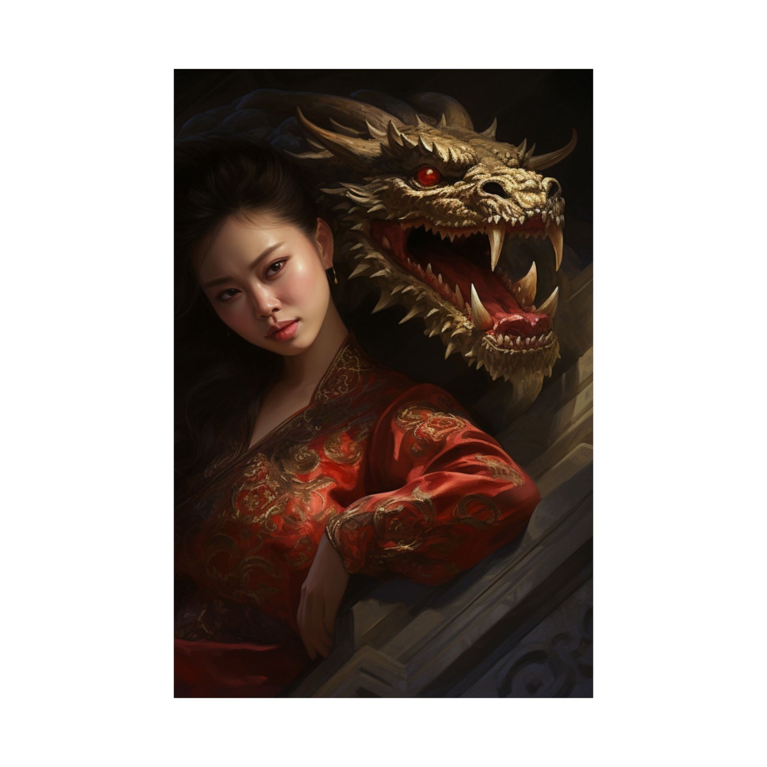 Matte Vertical Poster — Asian Warrior Woman with Dragon Art Print - The Art Hub