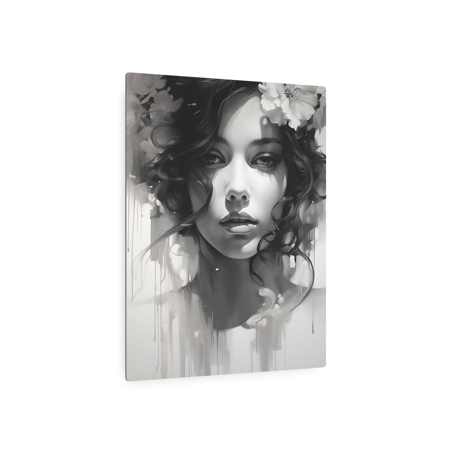 Metal Wall Art Sign — Monochrome Portrait of Woman with Floral Accents - The Art Hub