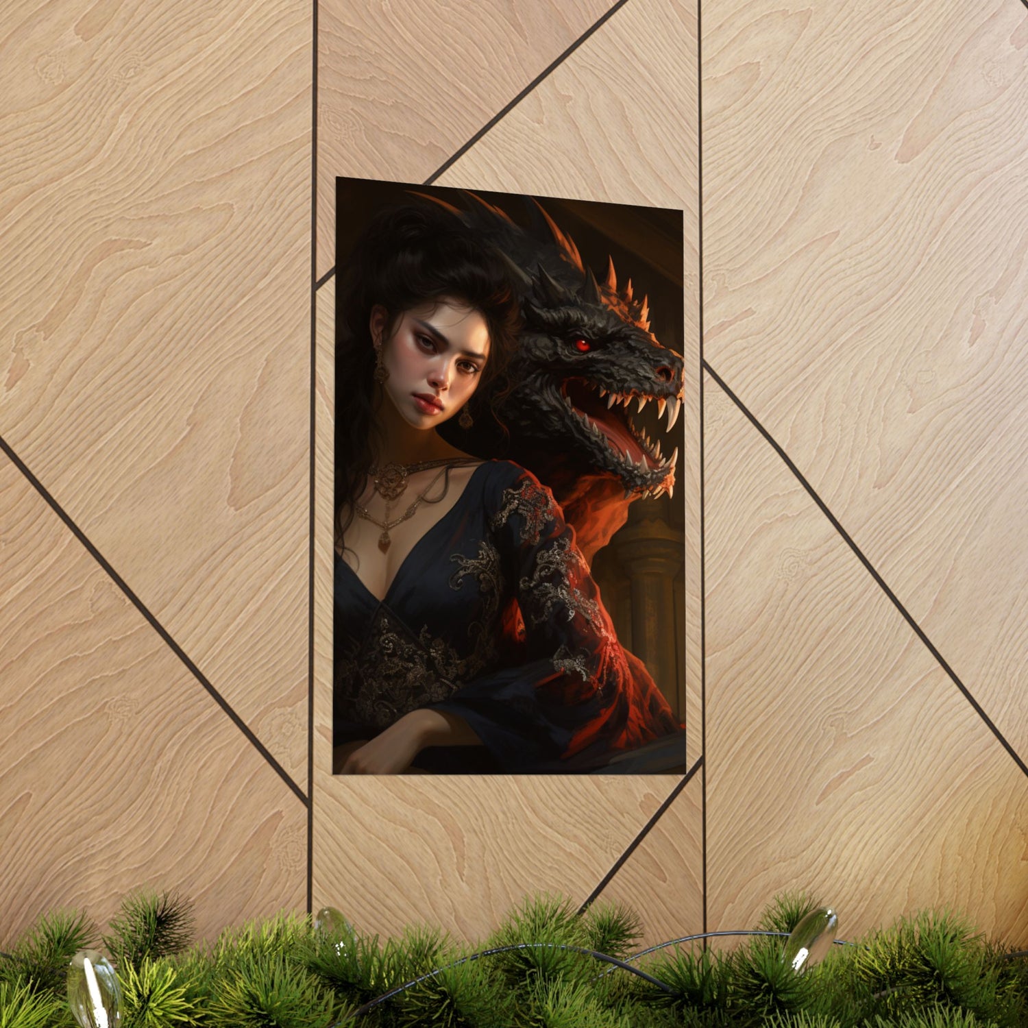 Fantasy Portrait Poster — Dark Sorceress with Dragon Matte Vertical Print - The Art Hub