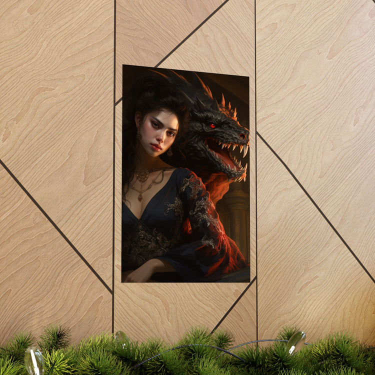 Fantasy Portrait Poster — Dark Sorceress with Dragon Matte Vertical Print - The Art Hub
