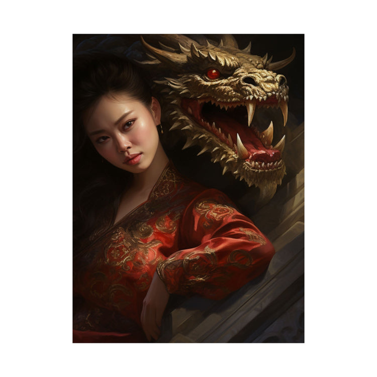 Matte Vertical Poster — Asian Warrior Woman with Dragon Art Print - The Art Hub