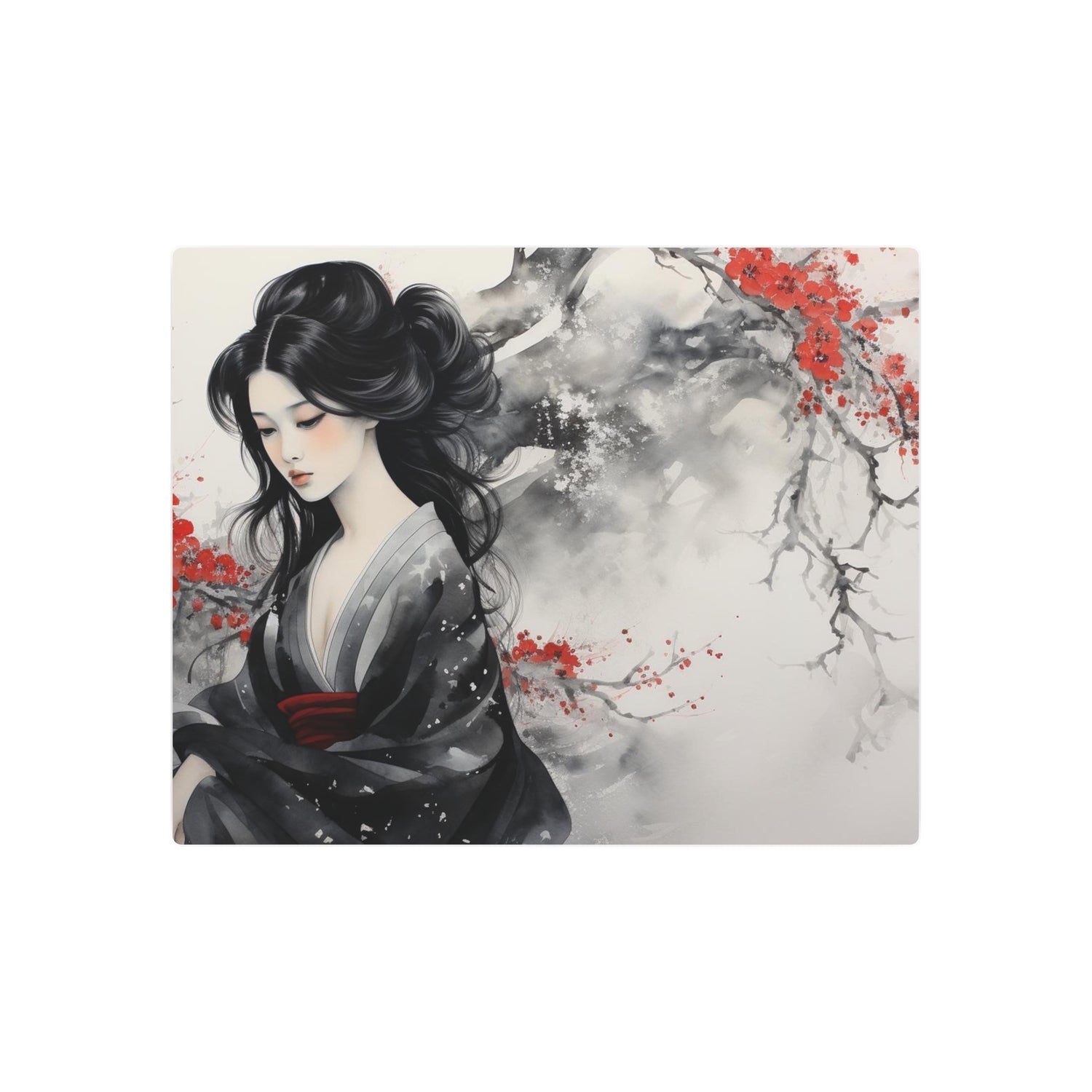 Metal Art Japanese Geisha Wall Decor with Cherry Blossom Ink Wash - The Art Hub