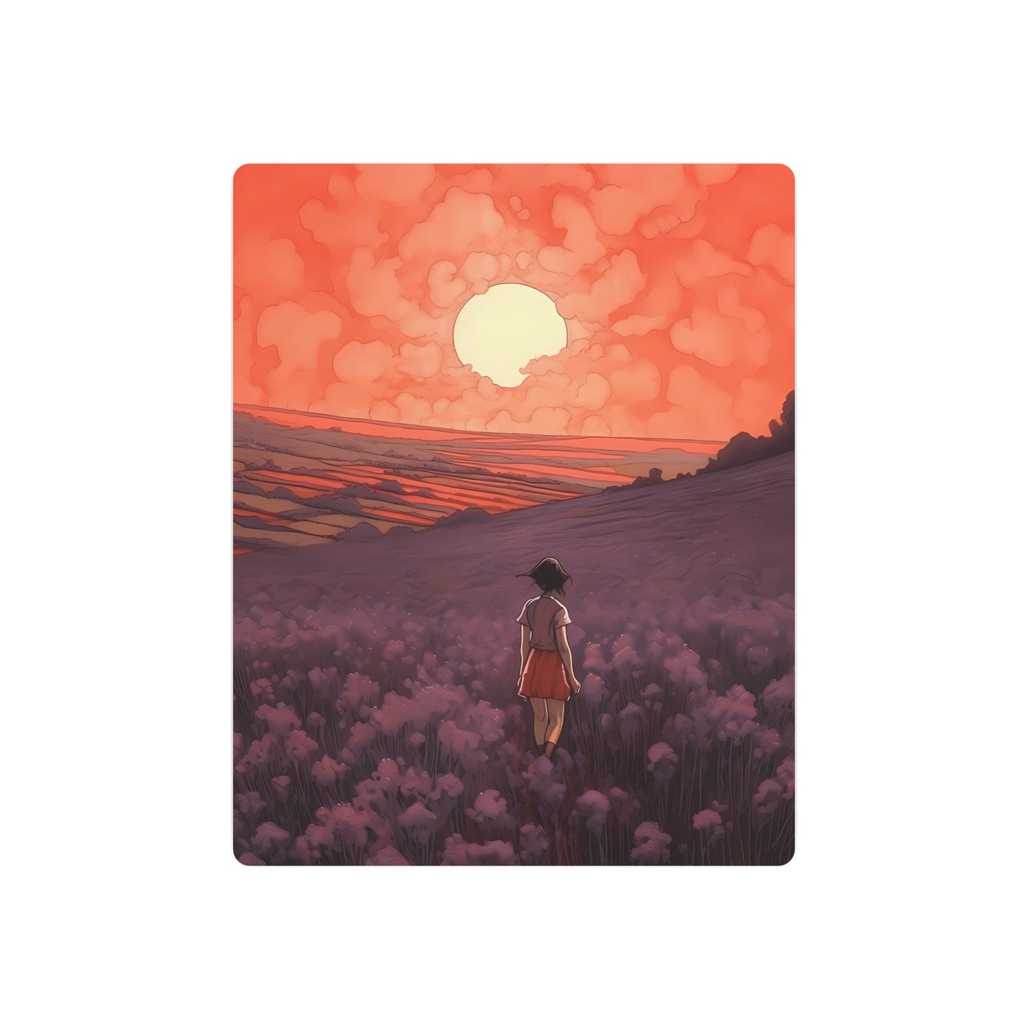 Sunset Meadow Metal Art — Girl Walking Through Lavender Field Wall Decor - The Art Hub