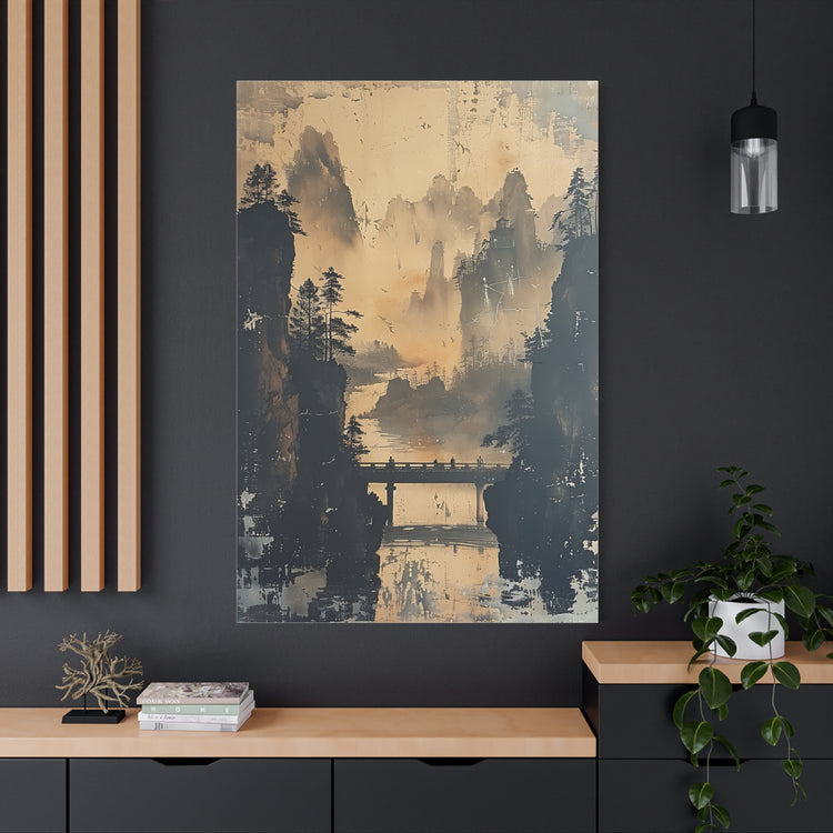 Serene Mountain Bridge Canvas Wall Art — East Asian Landscape Matte Stretched Print - The Art Hub