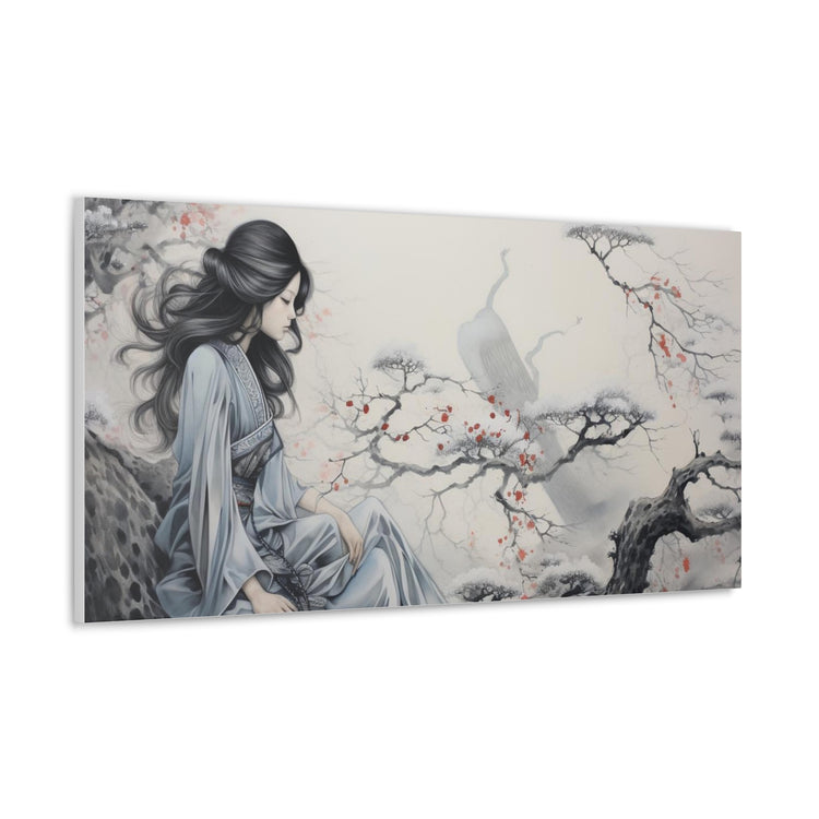 Canvas Wall Art Serene Geisha in Misty Cherry Blossom - The Art Hub