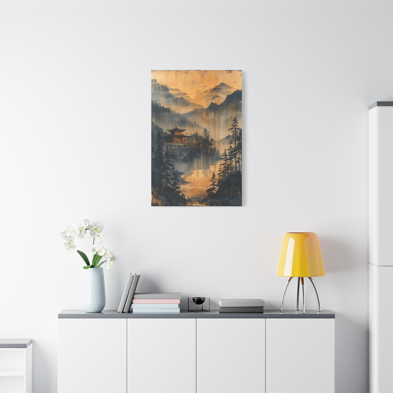 Golden Mist Mountain Landscape Canvas — Asian Pagoda Wall Art - The Art Hub