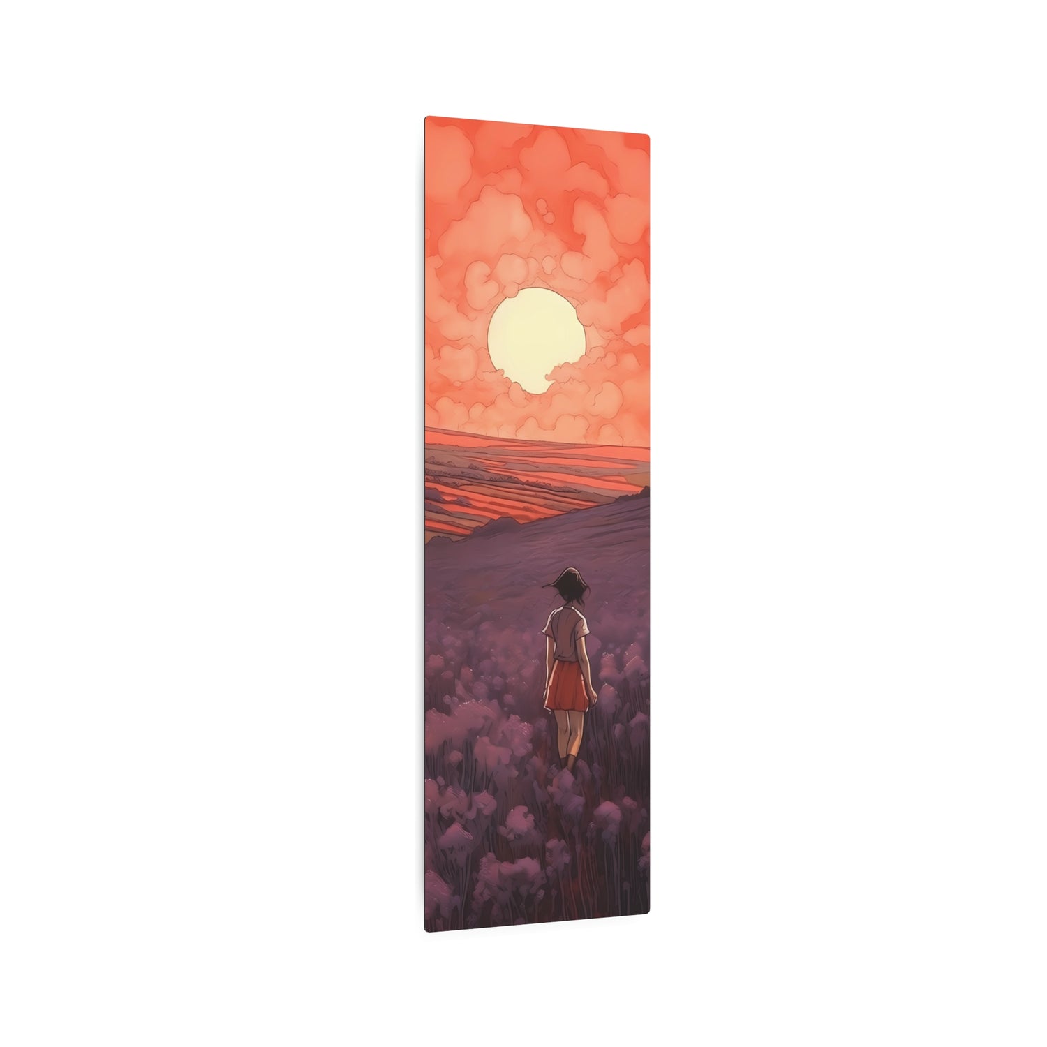Sunset Meadow Metal Art — Girl Walking Through Lavender Field Wall Decor - The Art Hub