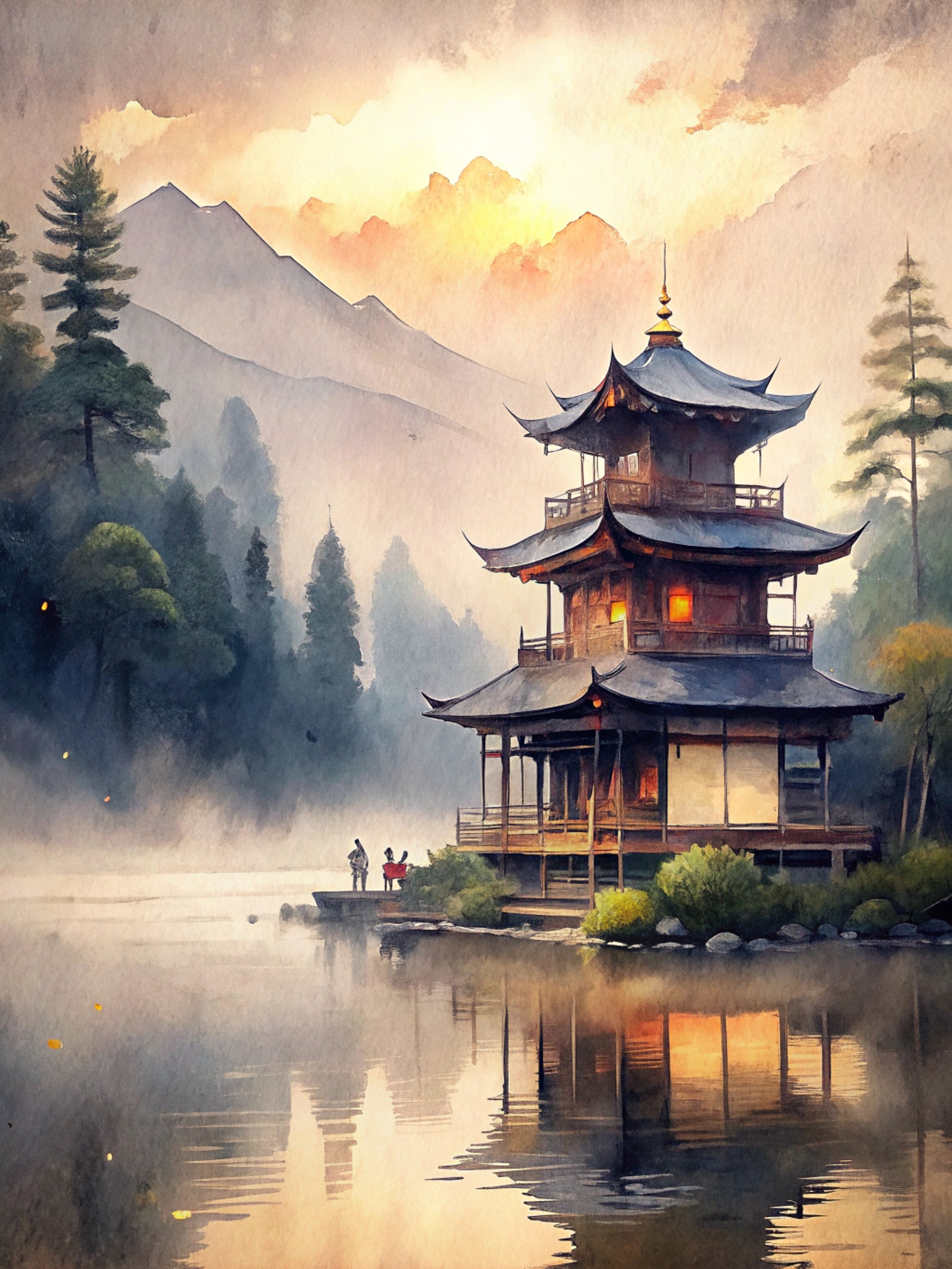 Asian Pagoda Canvas Wall Art — Serene Lakeside Temple Landscape (Matte Stretched)
